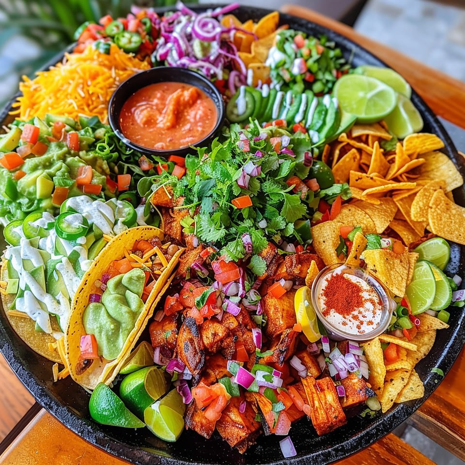 A large platter of Mexican food with tacos, nachos, guacamole, salsa, and various toppings.
