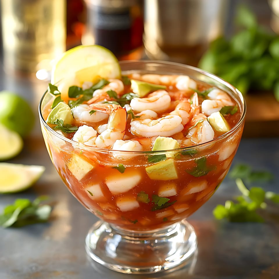A glass bowl of Mexican shrimp ceviche with avocado, cilantro, and lime slices.