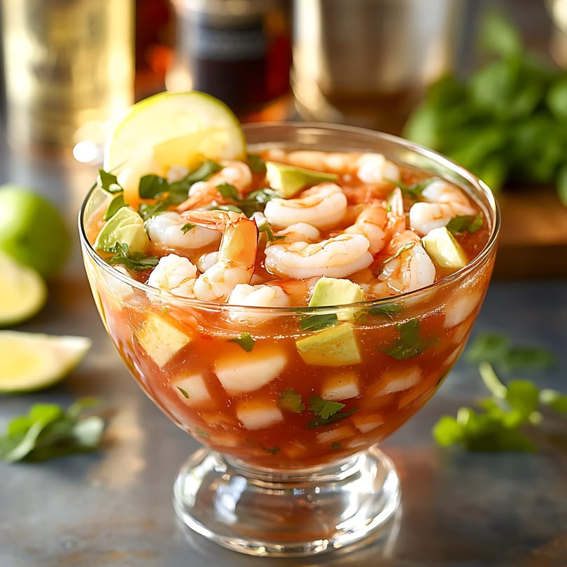A glass bowl of Mexican shrimp ceviche with avocado, cilantro, and lime slices.