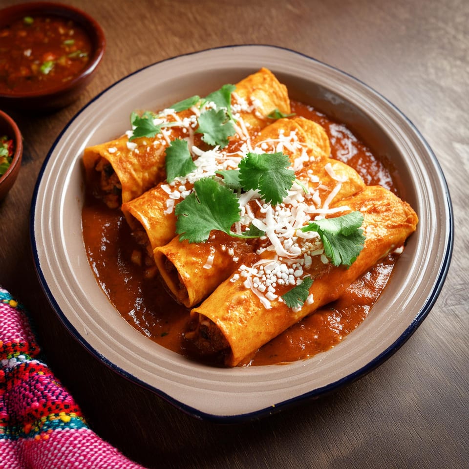 Four enchiladas covered in red sauce, cheese, and cilantro, with a side of salsa.