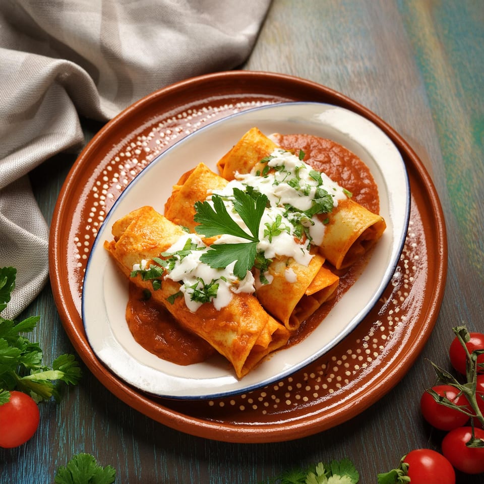 Three enchiladas covered in red sauce, sour cream, and cilantro, on a white and brown plate.