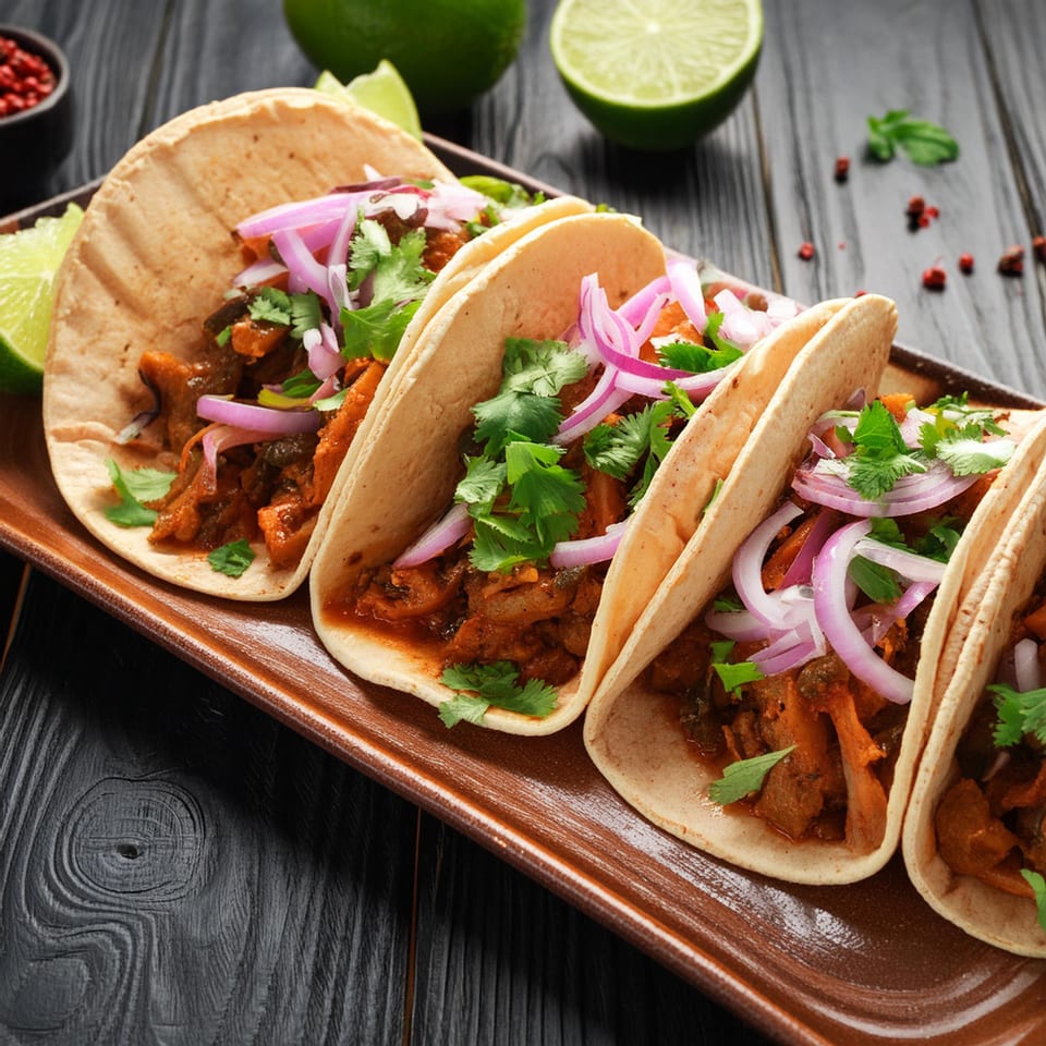 Four El Hermoso Mar Mexican tacos with meat, red onions, and cilantro on a brown platter.
