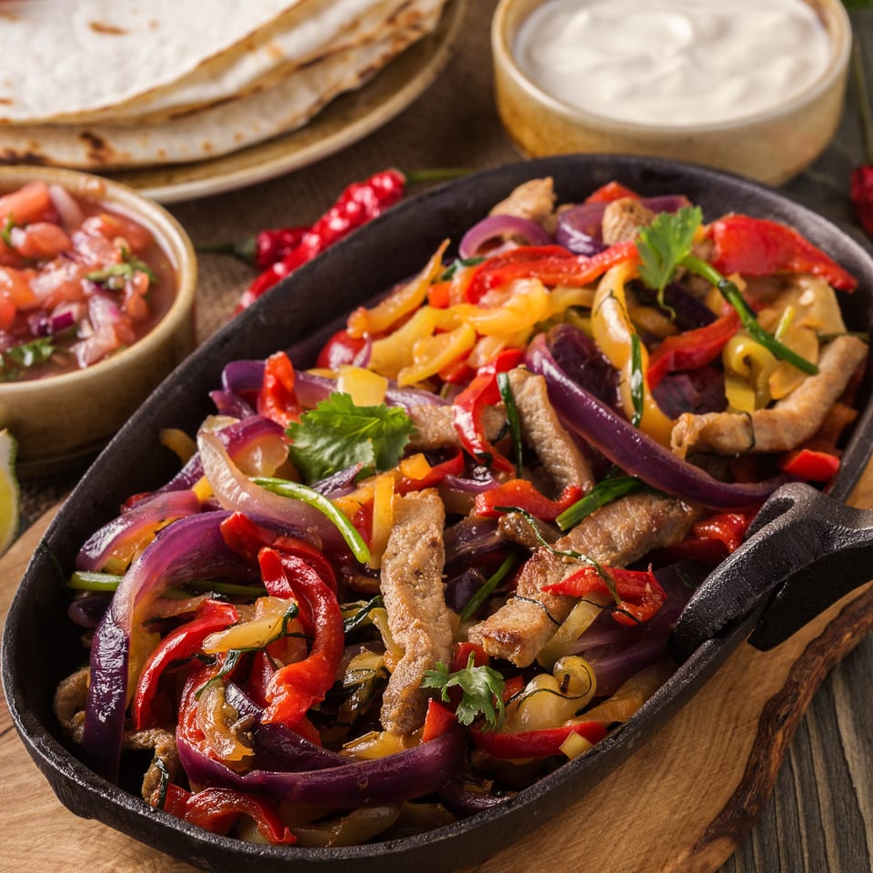 Sizzling Mexican fajitas with colorful bell peppers, onions, and meat in a cast iron skillet.