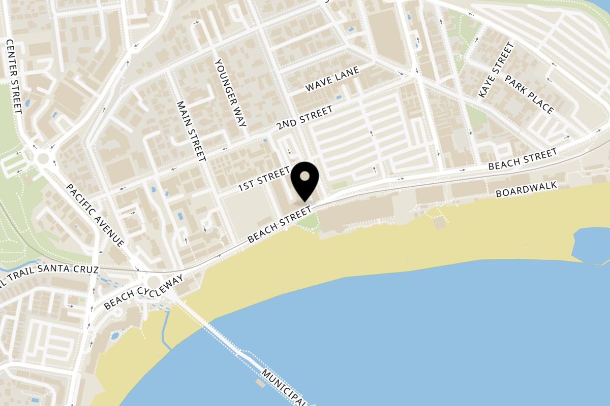 Map showing the location of El Hermoso Mar on 313 Beach Street in Santa Cruz